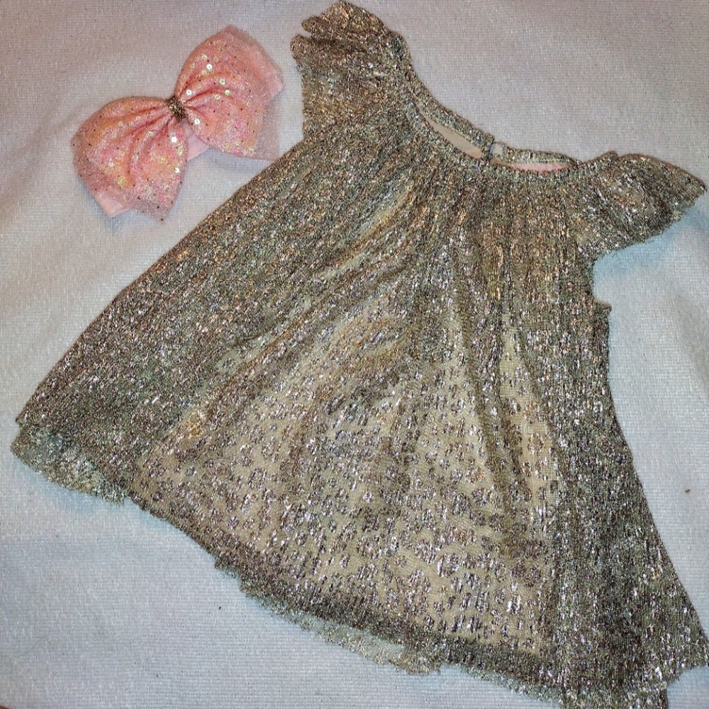 Size 3 month gold sparkle dress with matching pink and gold sparkle headband bow
